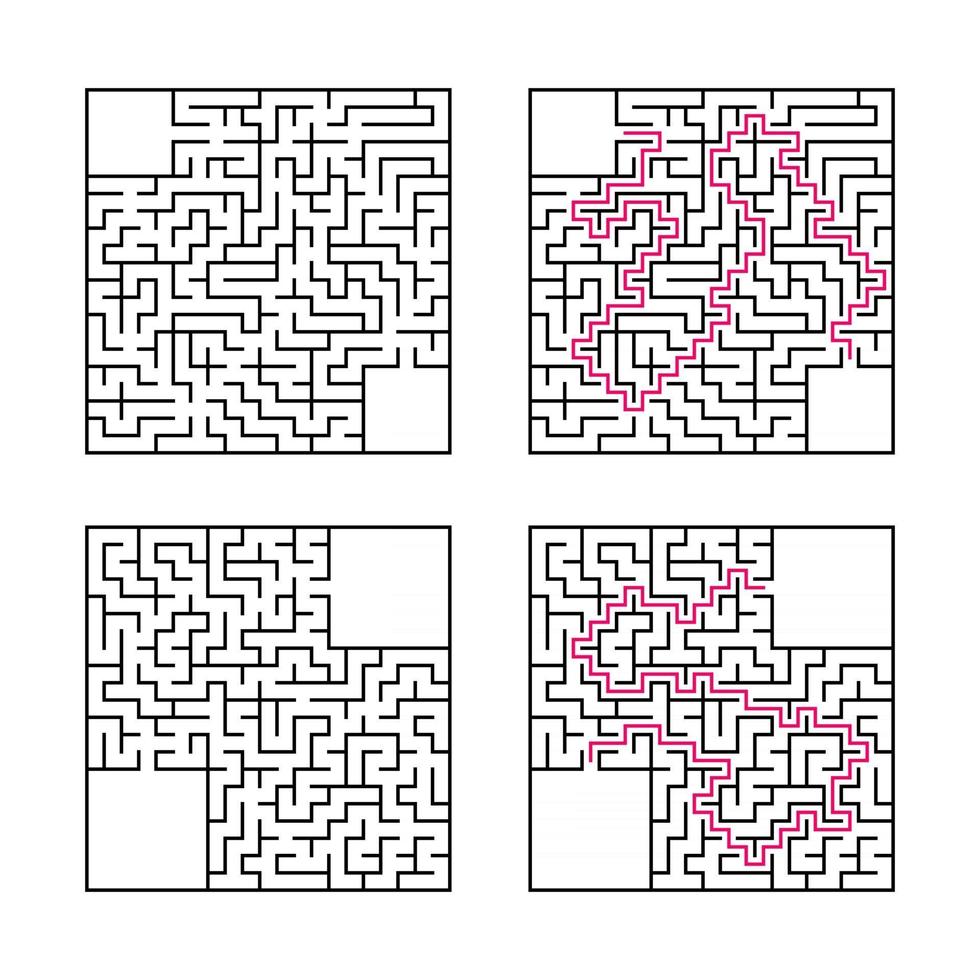 um conjunto de labirintos quadrados. jogo para crianças. quebra-cabeça para crianças. uma entrada, uma saída. enigma do labirinto. ilustração em vetor plana isolada no fundo branco. com resposta. com lugar para sua imagem.