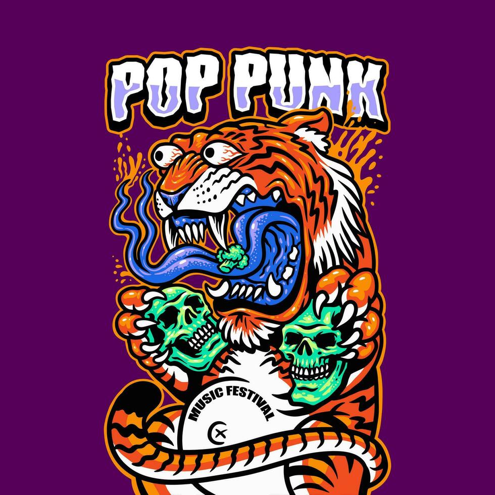 tigre e crânio mascote pop punk música festival vetor