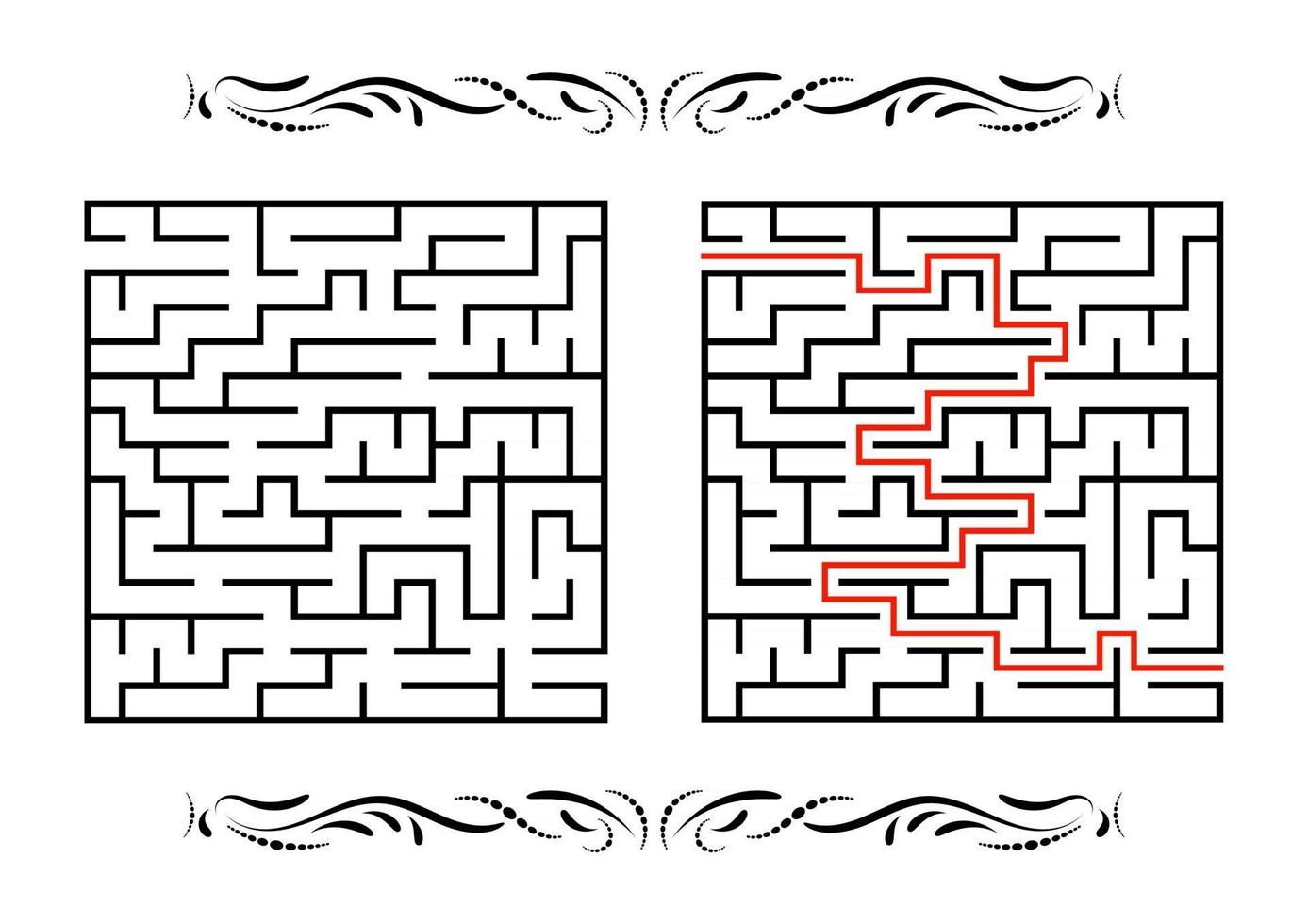 labirinto quadrado abstrato. jogo para crianças. quebra-cabeça para crianças. uma entrada, uma saída. enigma do labirinto. ilustração em vetor plana isolada no fundo branco. com resposta. com uma borda vintage