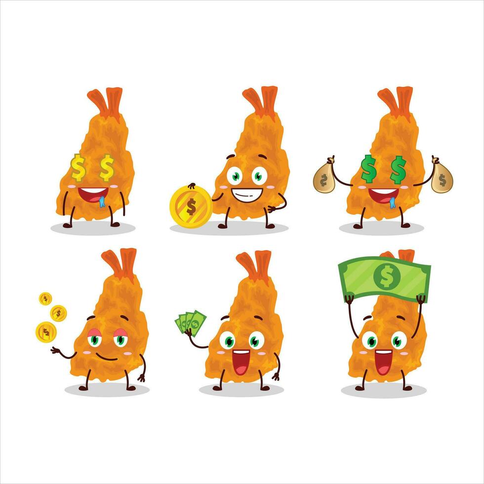 frito camarão desenho animado personagem com fofa emoticon trazer dinheiro vetor