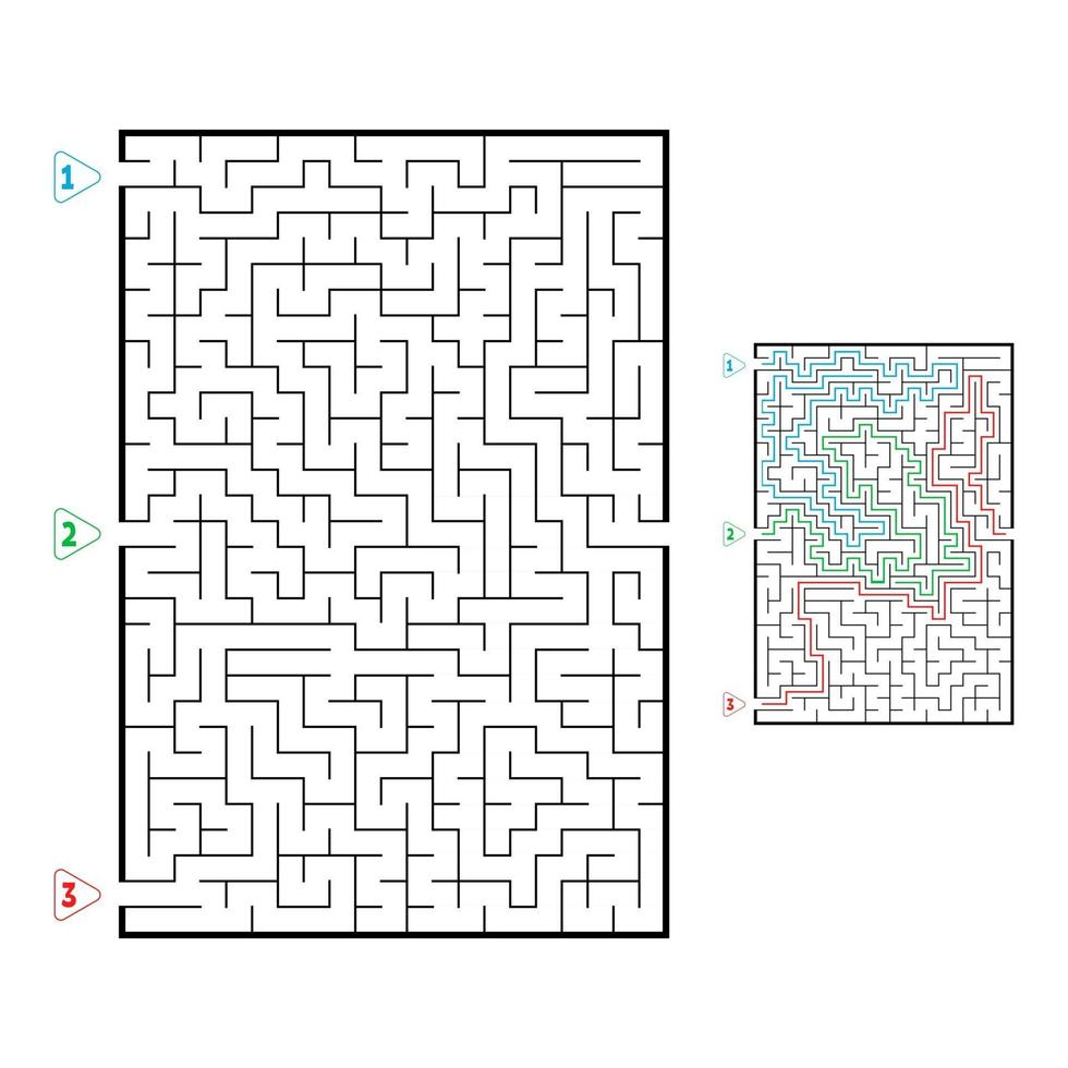 labirinto retangular grande abstrato. jogo para crianças. quebra-cabeça para crianças. três entradas, uma saída. enigma do labirinto. ilustração em vetor plana isolada no fundo branco. com resposta.