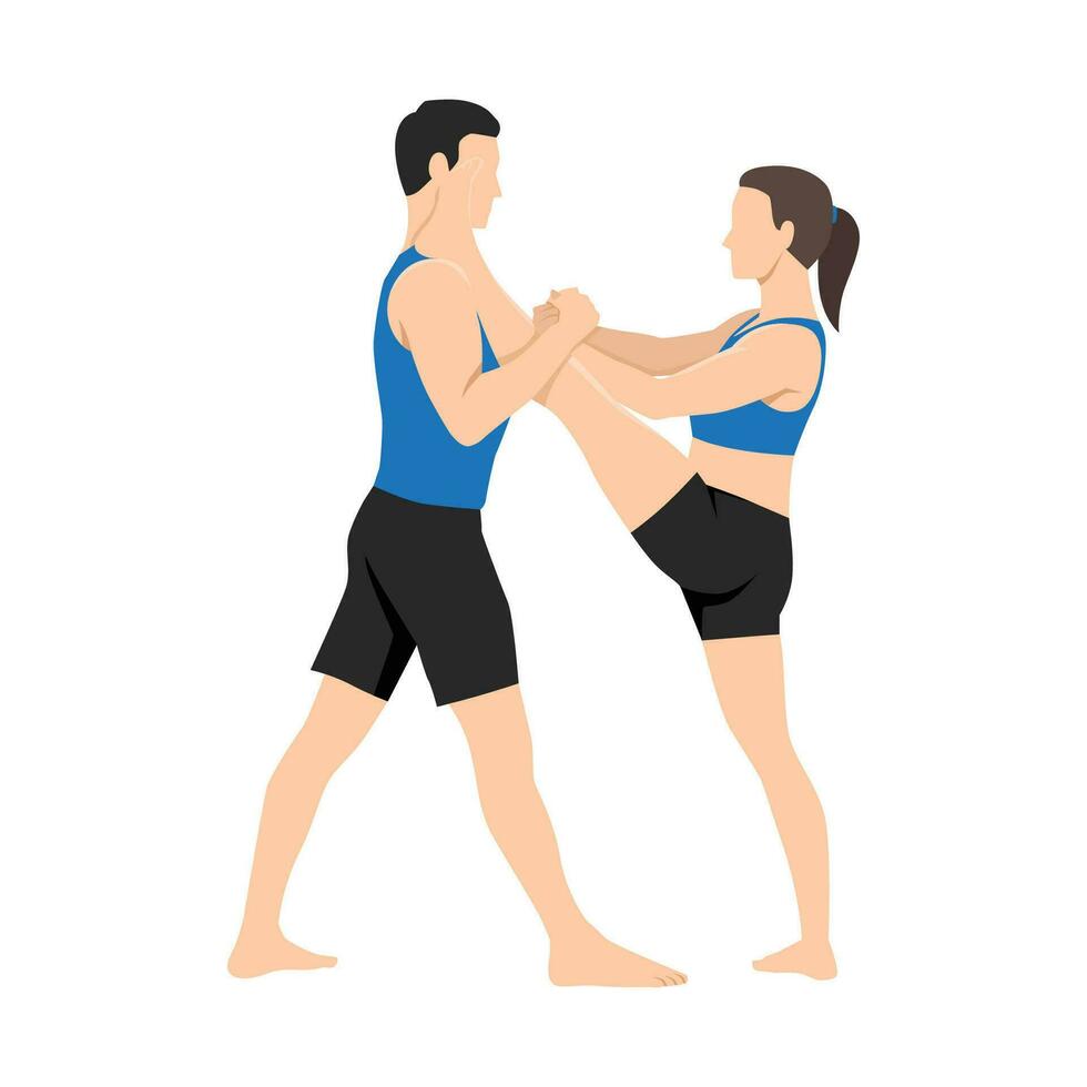 jovem casal fazendo alongamento exercício, estendido mão para grande dedo do pé ioga pose, utthita hasta padangushthasana com parceiro ou treinador assistência. vetor