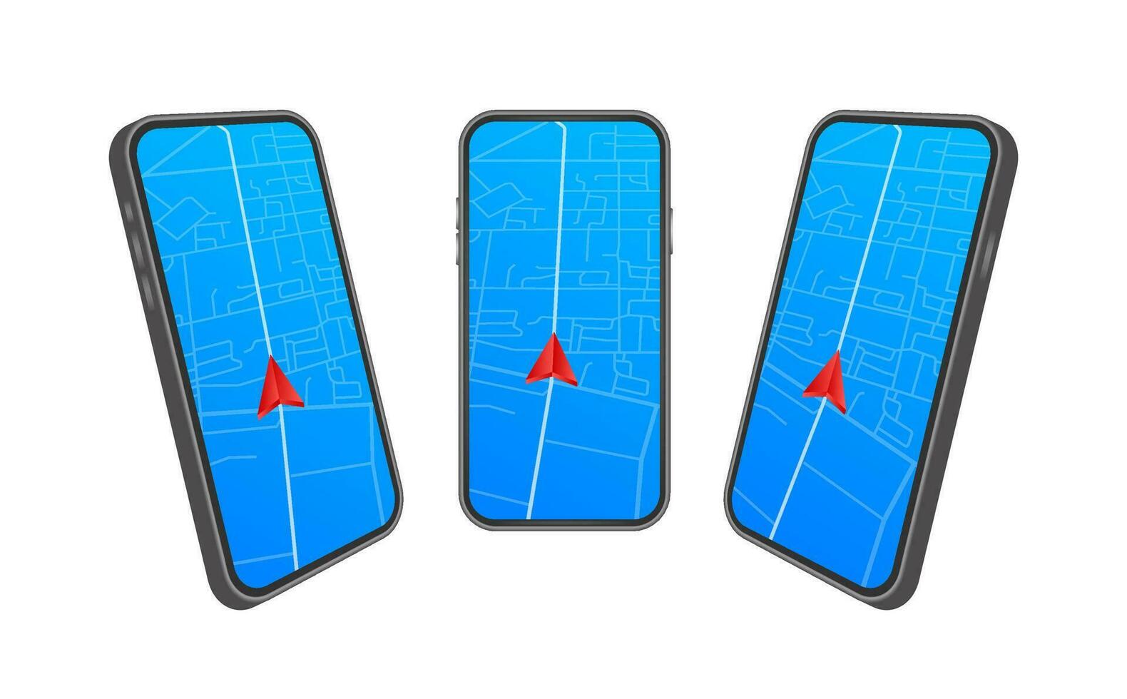 Smartphone com Móvel navegação aplicativo em tela. rota mapa com símbolos mostrando localização do cara. vetor estoque ilustração.