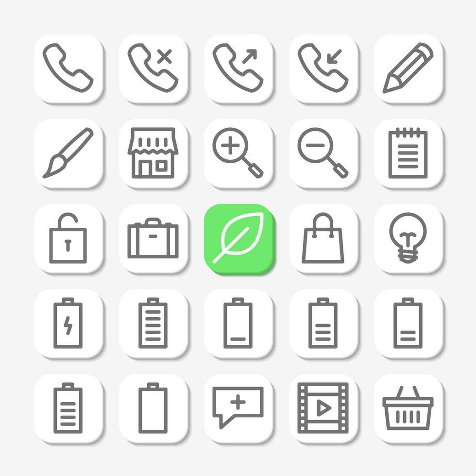 Essenciais ícones dentro linha estilo para do utilizador interface, Móvel e local na rede Internet Projeto. Incluindo chamar, contato, loja, notas, bateria, e outros. vetor