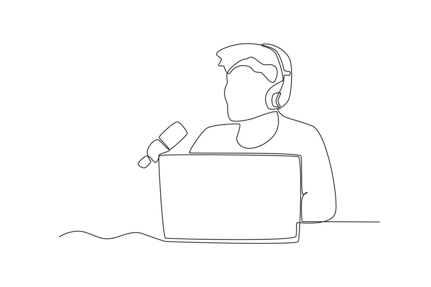 1 contínuo linha desenhando do homem é ouvindo para uma podcast história ele tem gravado vetor