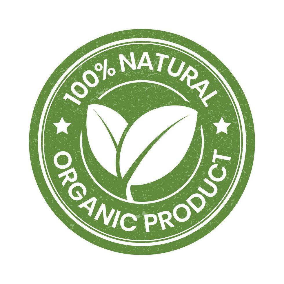 100 por cento natural e orgânico produtos distintivo, rótulo, borracha carimbo, emblema, modelo, orgânico ingrediente distintivo, logotipo, adequado para produtos embalagem Projeto elementos com folha vetor ilustração
