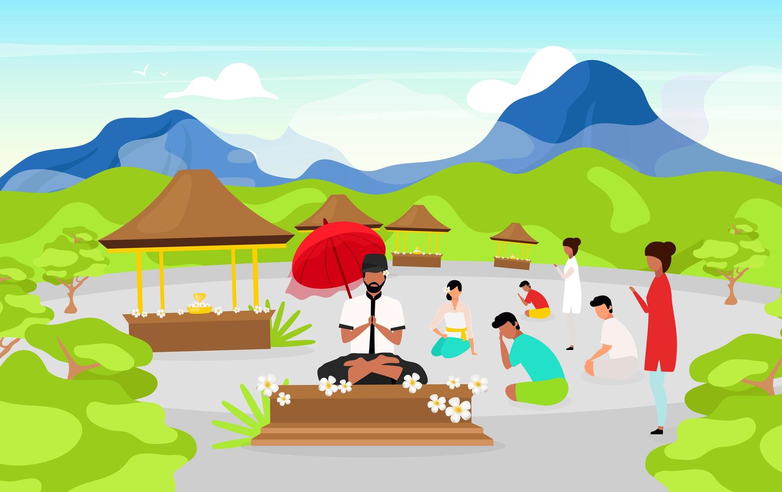 ilustração em vetor plana pessoas meditando. local de culto nas montanhas. pose de meditação. religião indonésia. budismo. personagens de desenhos animados masculinos e femininos