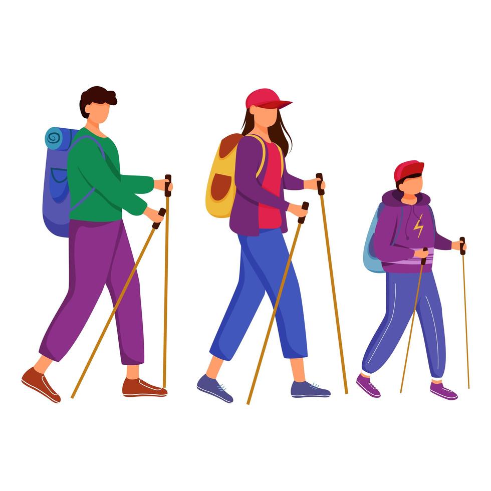 ilustração em vetor plana família passeio a pé. atividade de caminhada. escolha de viagem barata. férias ativas. família em uma viagem de montanha. turismo de orçamento isolado personagem de desenho animado em fundo branco