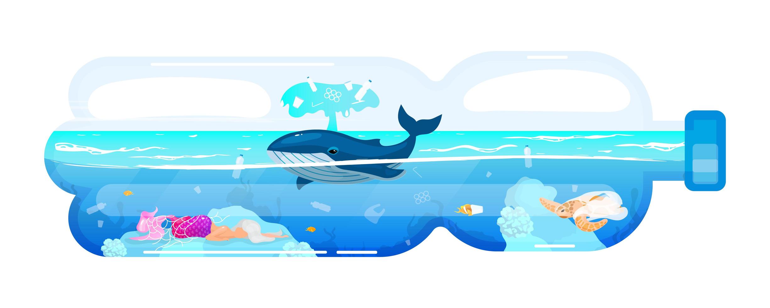 baleia e resíduos em ícone de conceito plano de garrafa de plástico. problema de poluição do meio ambiente. animal marinho e lixo na etiqueta da água do mar, clipart. ilustração isolada dos desenhos animados no fundo branco vetor