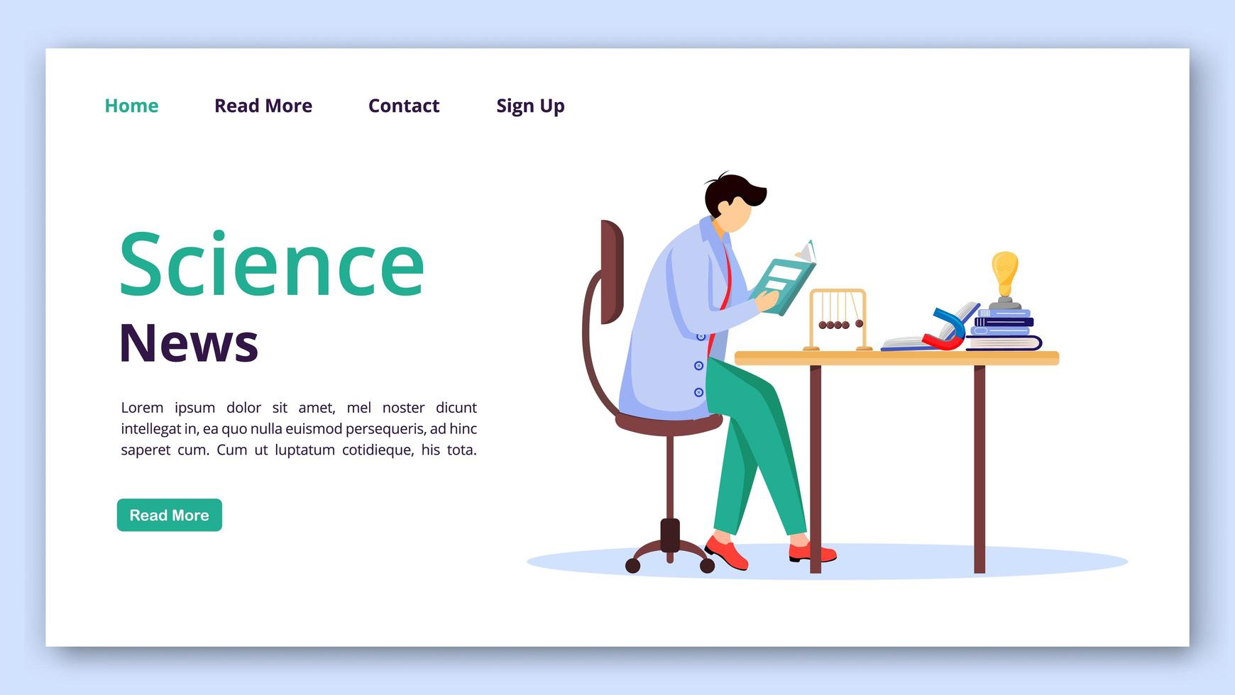 modelo de vetor de página de destino de notícias de ciências. lendo pesquisas ideia de interface de site com ilustrações planas. layout da página inicial das descobertas da física, banner da web, conceito de desenho da página da web