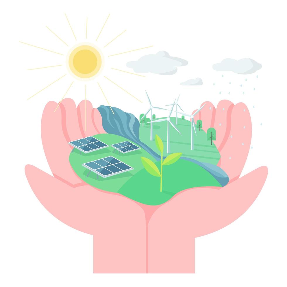 ilustração em vetor conceito plana de proteção de meio ambiente. mãos segurando terras com painéis solares e turbinas eólicas. Eco friendly living 2d cartoon element para web design. usar energia alternativa criativa