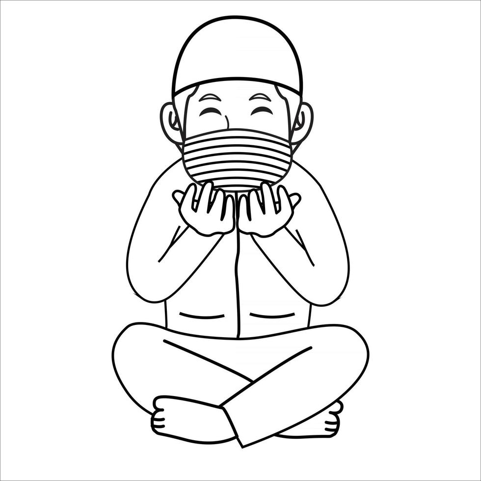 homem muçulmano orando à noite, mês do ramadã, usando máscara e ilustração de protocol.character saudável. vetor