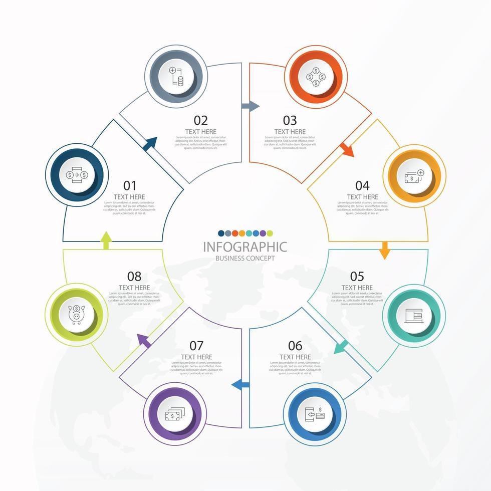 template infográfico de círculo básico com 8 etapas, processo ou opções, gráfico de processo, usado para diagrama de processo, apresentações, layout de fluxo de trabalho, fluxograma, infografia. ilustração em vetor eps10.