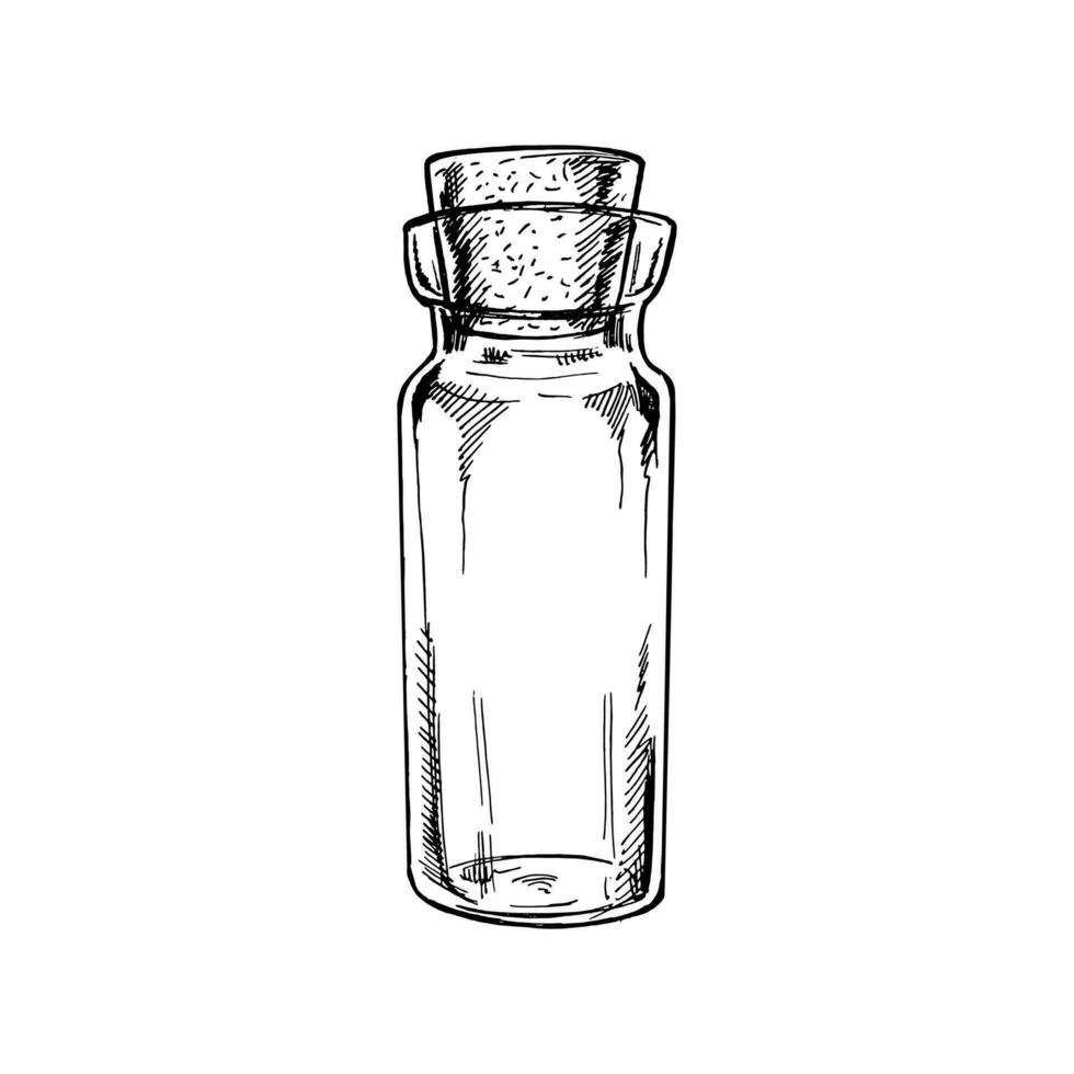 desenhado à mão esboço do uma pequeno vidro garrafa com uma natural cortiça. containers para zero desperdício armazenar, para medicação, especiarias isolado em branco fundo. vetor