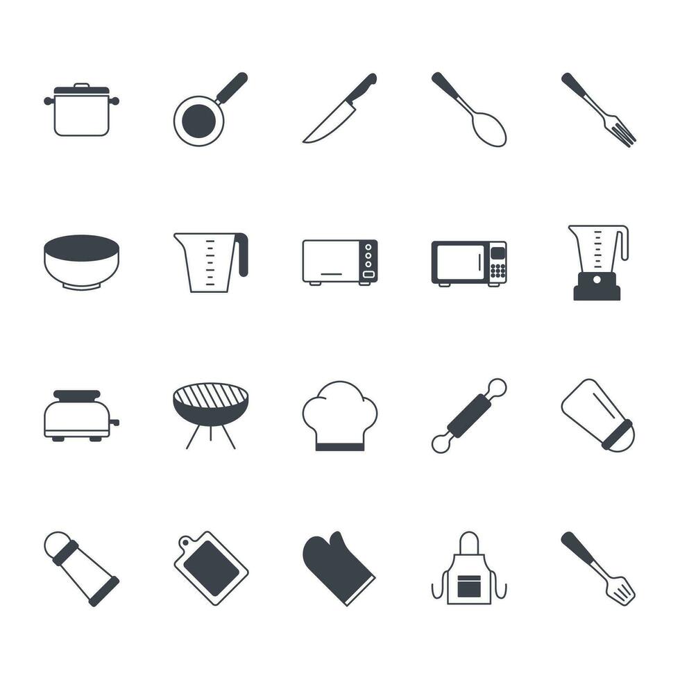 vetor conjunto do cozinhando ícones. tal Como seguro frigideira, faca, colher e mais. conjunto para rede e aplicativo isolado em branco fundo. vetor ilustração