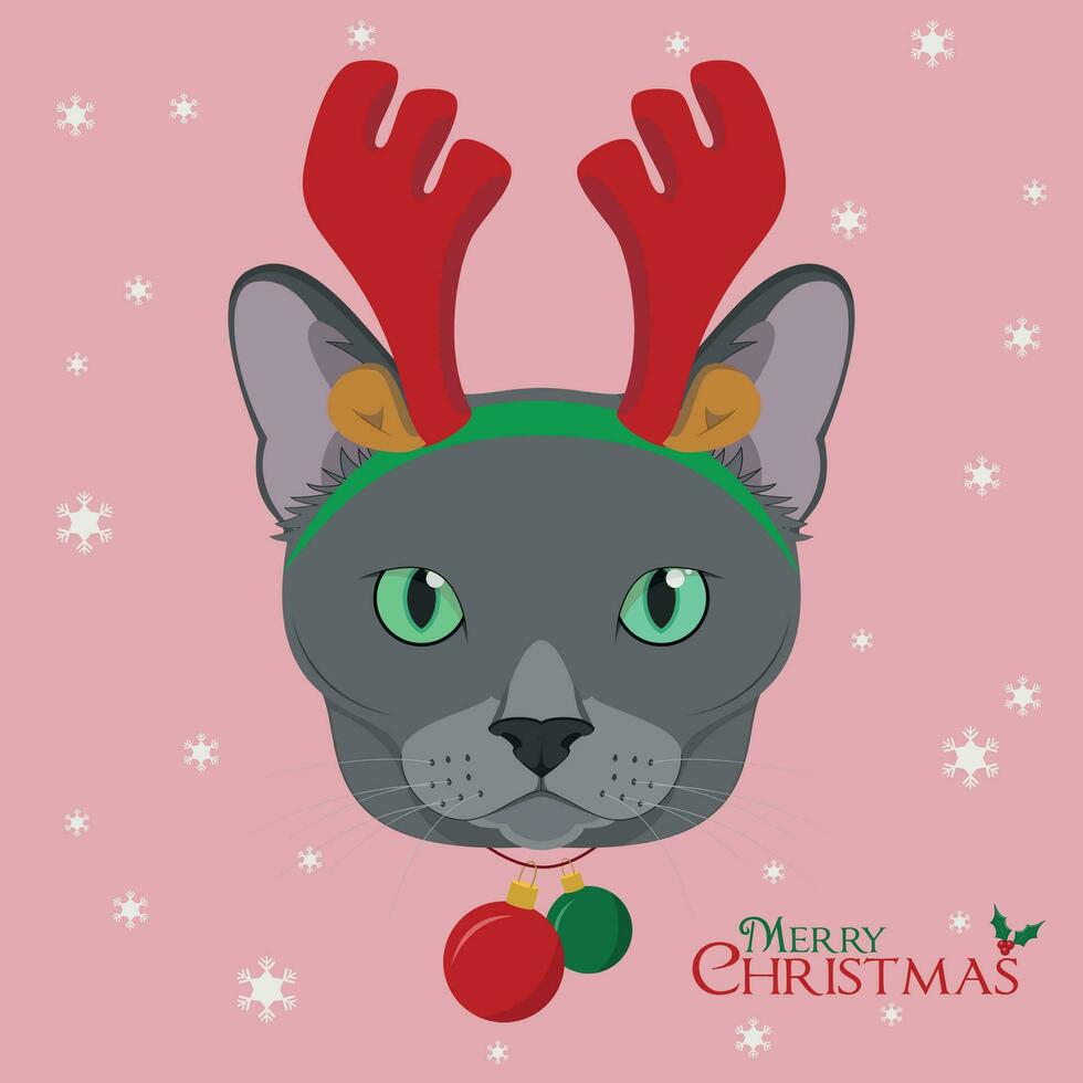 Natal cumprimento cartão. russo azul gato com rena chifres e Natal sinos vetor
