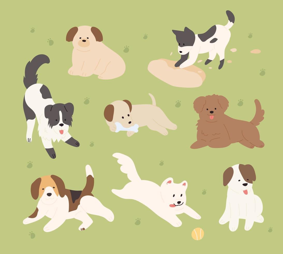 cachorros fofos de raças diferentes estão brincando no gramado. ilustração em vetor mínimo estilo design plano.