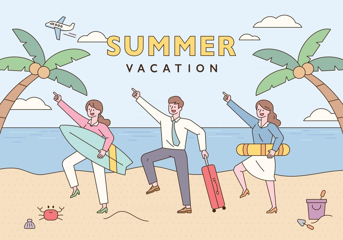 empresários fazendo poses engraçadas com pranchas de surf, tubos de natação e malas. cartaz de fundo de praia com palmeiras. ilustração em vetor mínimo estilo design plano.
