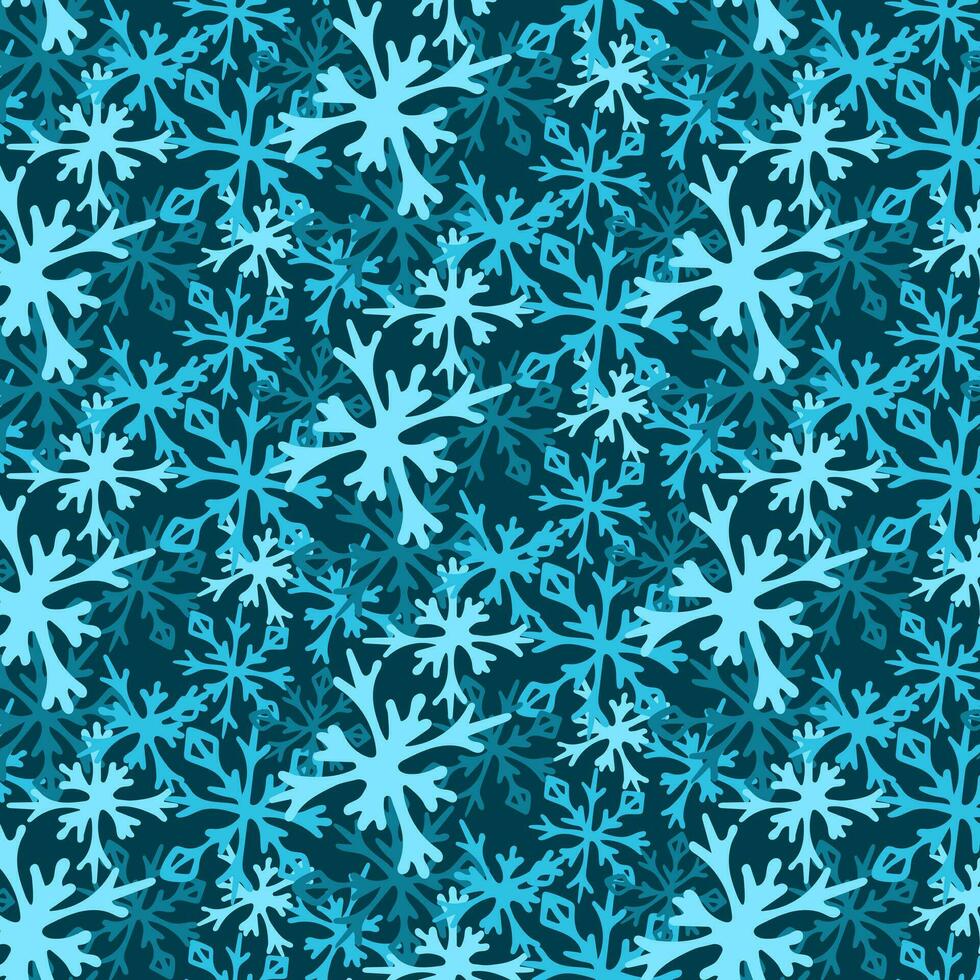 silhueta monocromático azul flocos de neve desatado padronizar em Sombrio fundo. mão desenhado silhueta flocos de neve. plano minimalista Projeto vetor