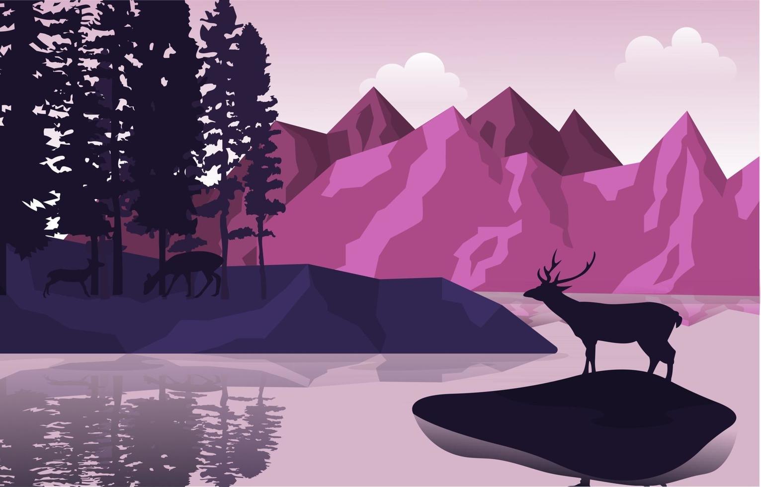 pacífica montanha lago veados pinheiros natureza paisagem ilustração vetor