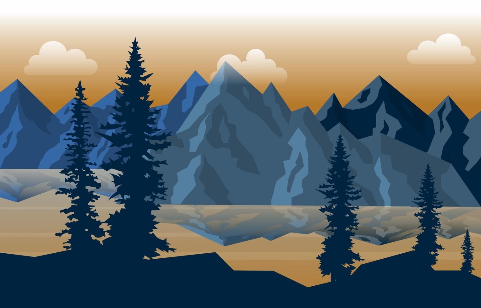ilustração pacífica montanha lago rio pinheiro natureza paisagem vetor
