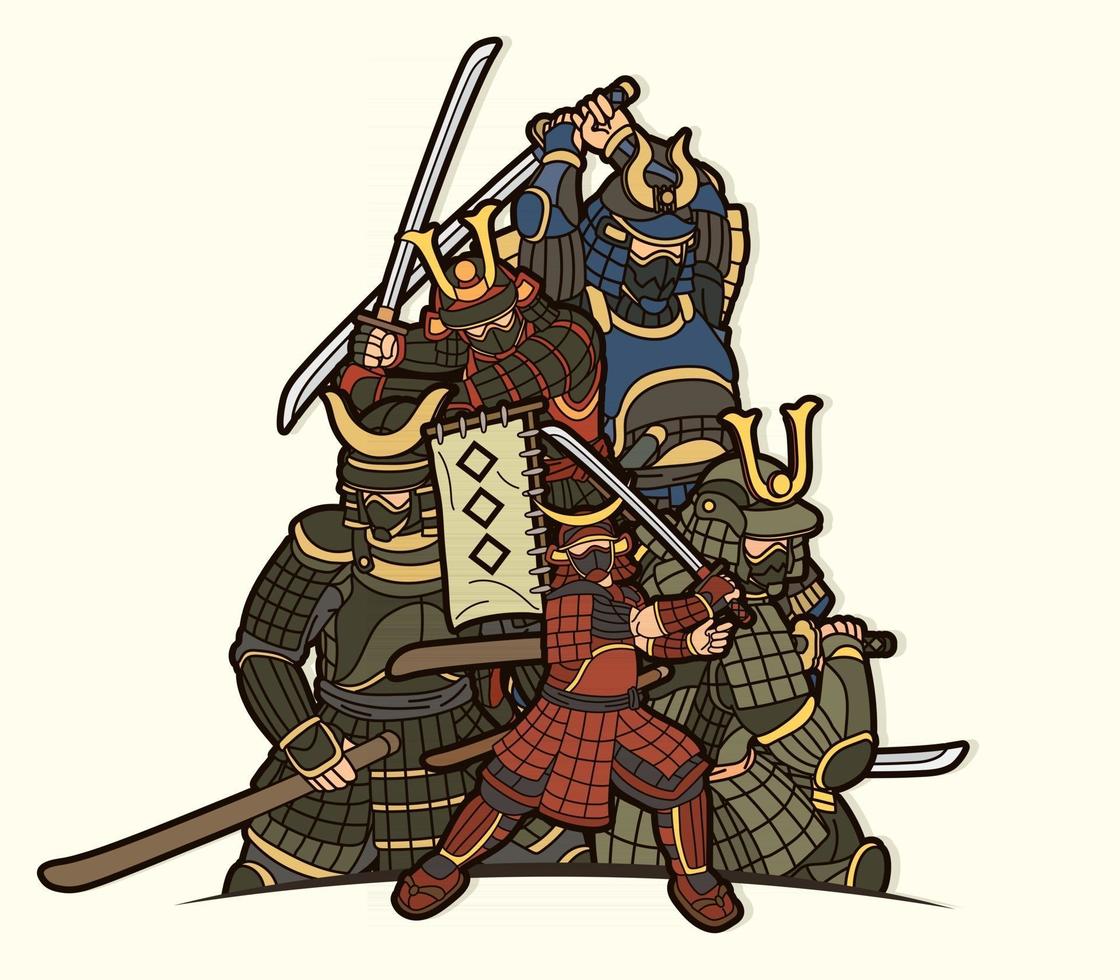 cartoon grupo de guerreiro samurai com ação de armas vetor
