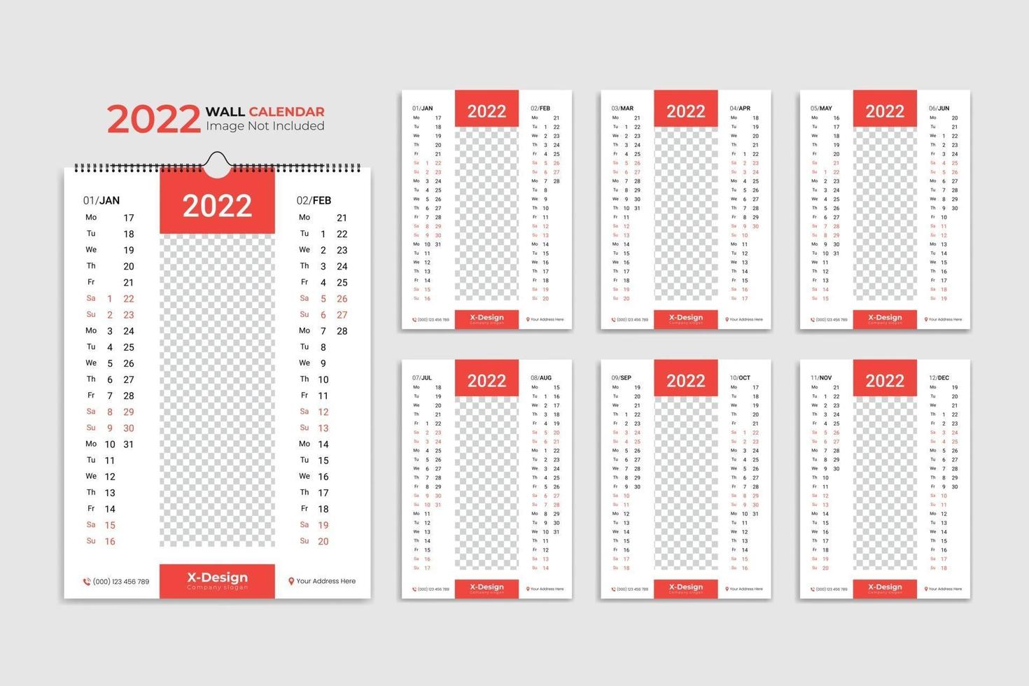 calendário de parede 2022 planejador anual com calendário de todos os meses da escola e da empresa vetor