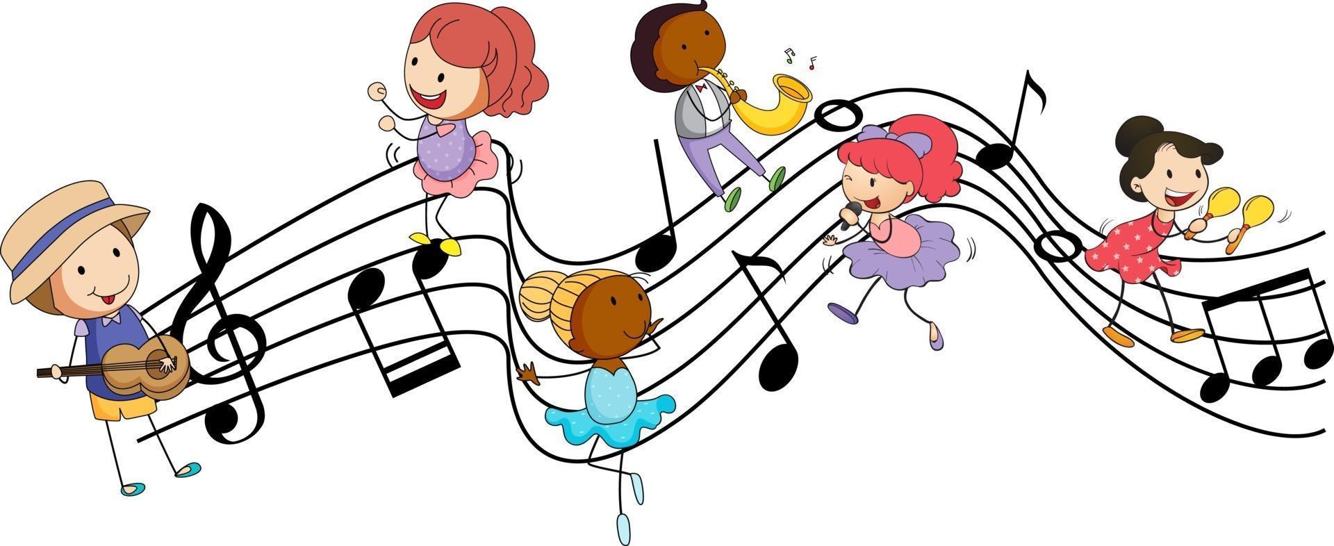 símbolos de melodia musical com muitos personagens de desenhos animados de doodle para crianças vetor