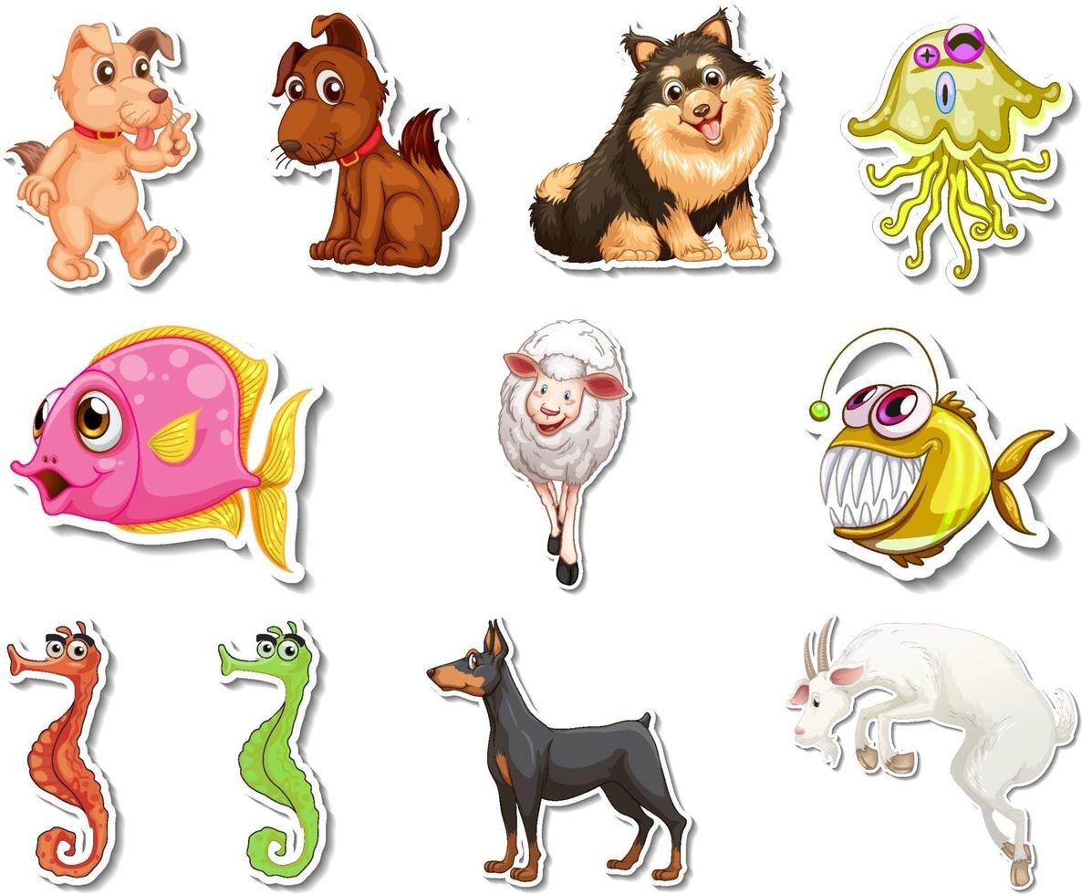 conjunto de adesivos com animais marinhos e personagens de desenhos animados de cães vetor