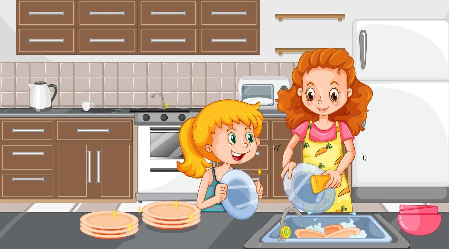 mãe e filha lavando pratos na cena da cozinha vetor