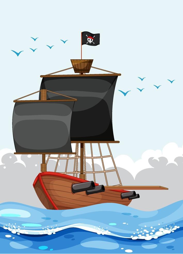 um navio pirata com bandeira alegre de Roger no oceano vetor