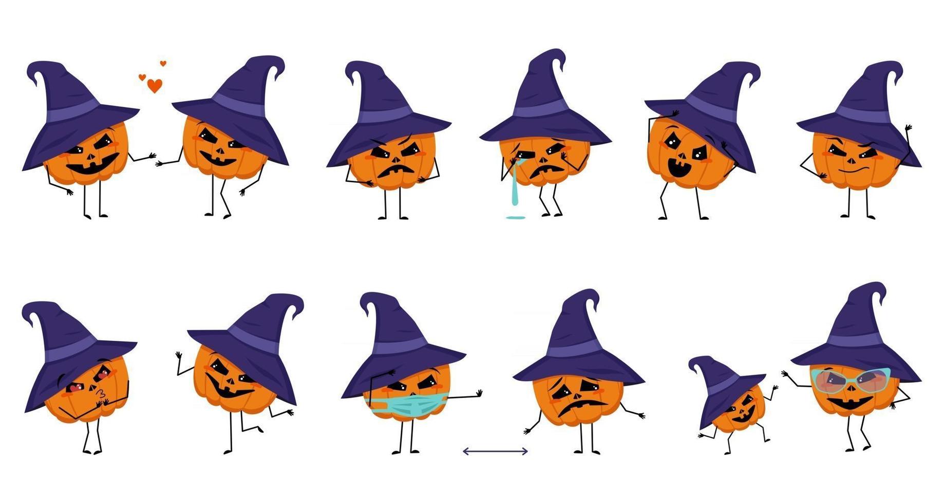 personagem de abóbora com emoção. feliz herói para o feriado de halloween vetor