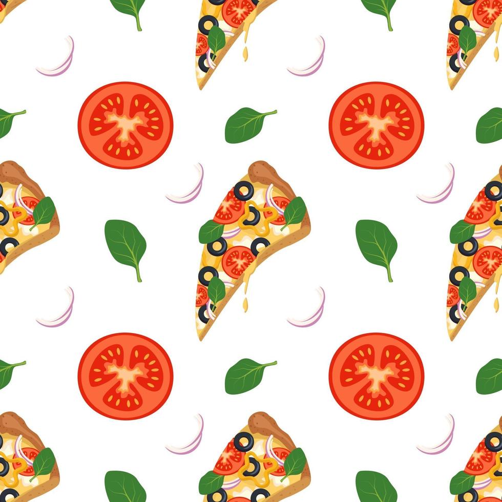 fundo brilhante com fatias de pizza, rúcula, tomate e cebola. impressão de fast food com vegetais e queijo. design para têxteis, papel, café e restaurante vetor