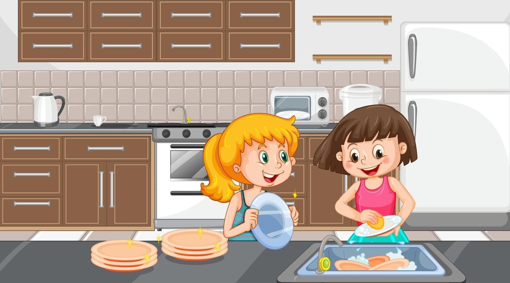 duas meninas lavando pratos na cena da cozinha vetor