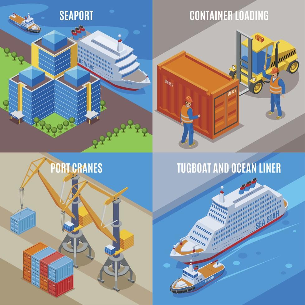 ilustração vetorial conjunto de ícones isométricos de quatro portos marítimos vetor