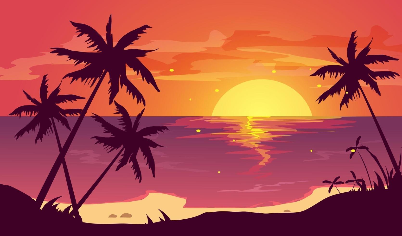praia tropical com palmeiras e mar. bela vista no verão. ilustração vetorial vetor