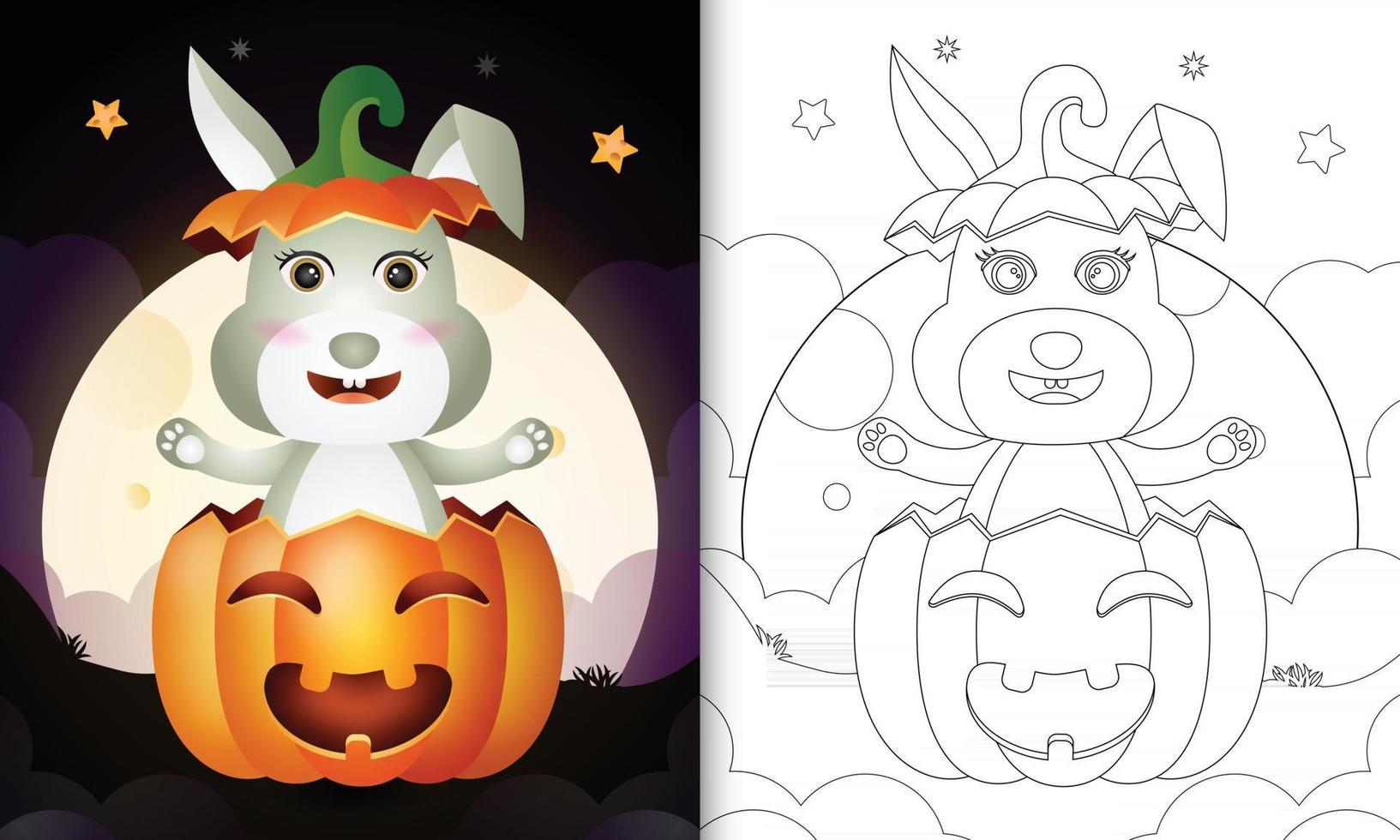 livro para colorir com um coelho fofo na abóbora de halloween vetor