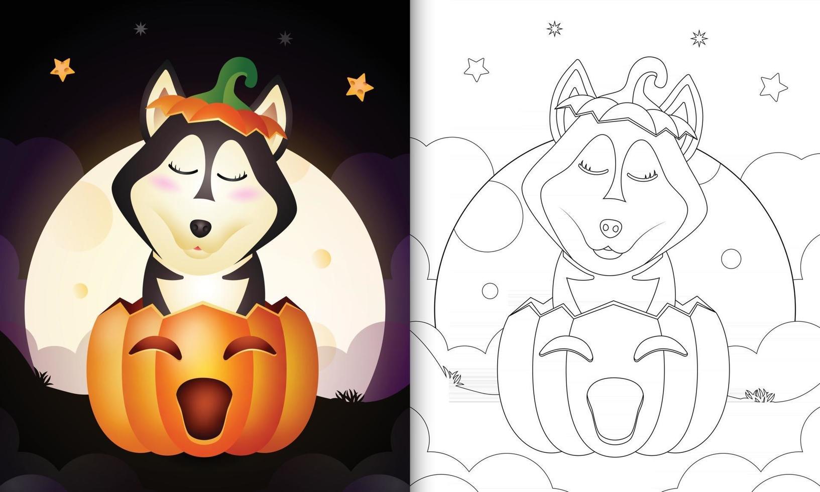 livro para colorir com um cão husky fofo na abóbora de halloween vetor