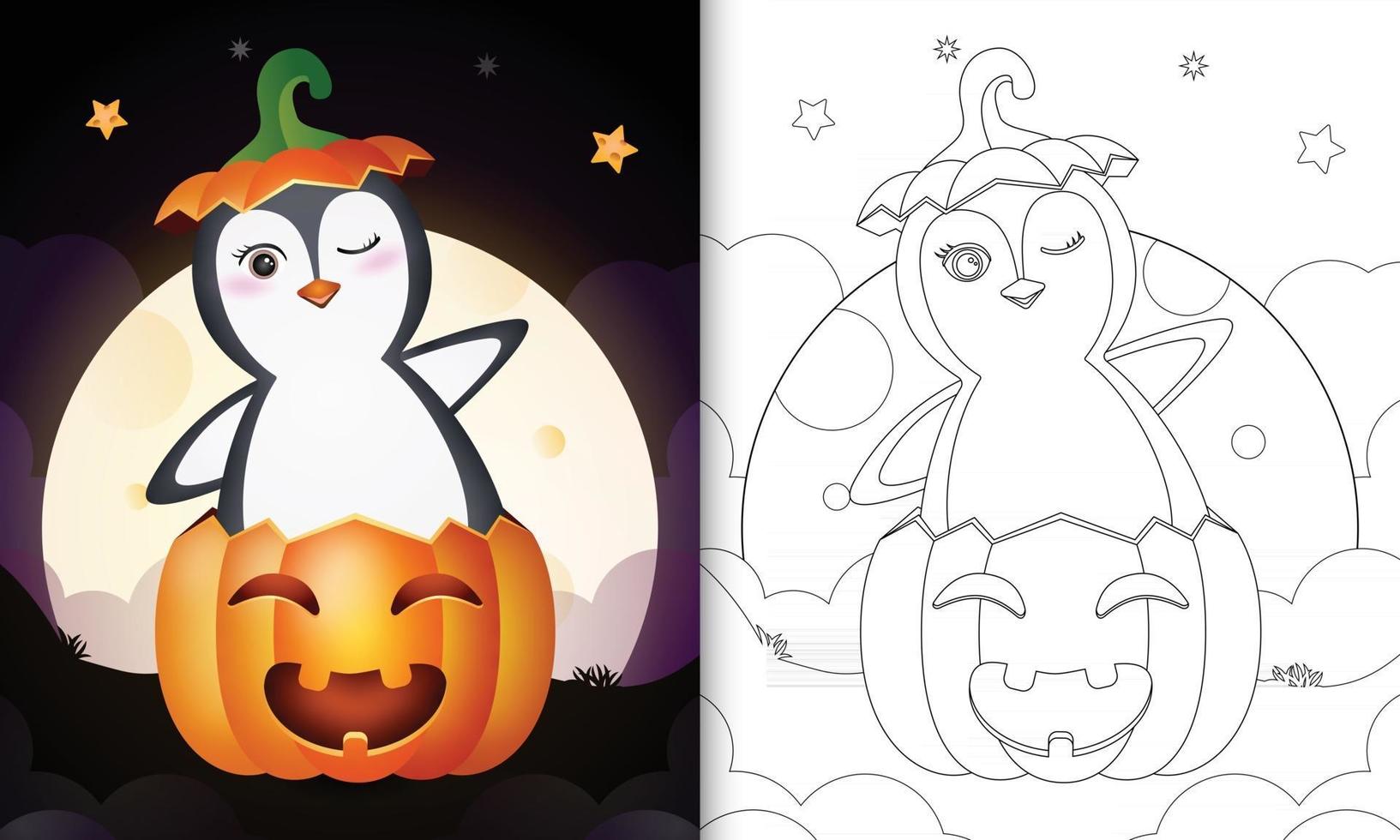 livro para colorir com um pinguim fofo na abóbora de halloween vetor