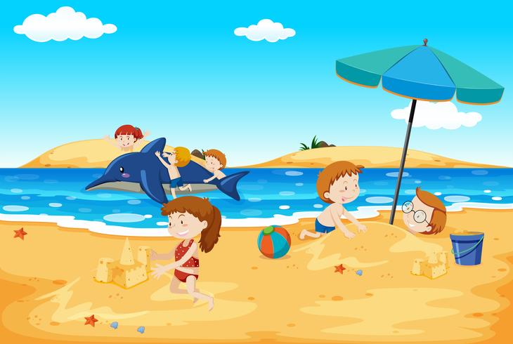 Crianças, tocando, praia vetor
