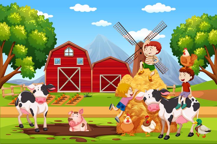 Crianças e animais em terras agrícolas vetor