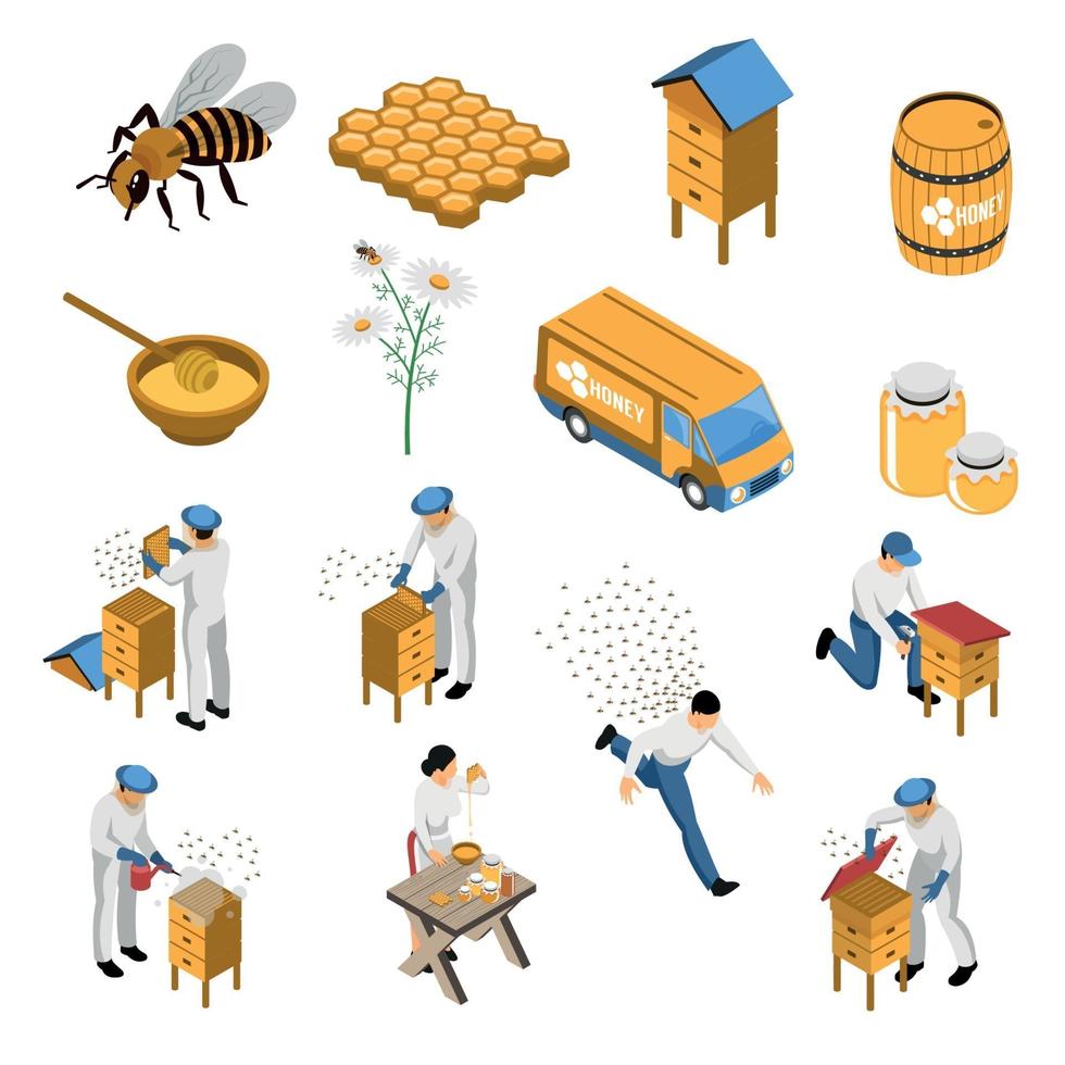 Ilustração em vetor conjunto isométrico mel apicultor