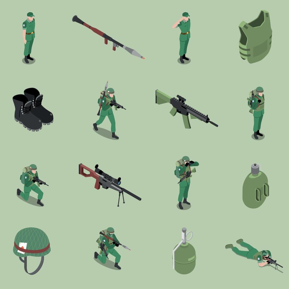 ilustração vetorial conjunto isométrico de equipamento de soldado vetor