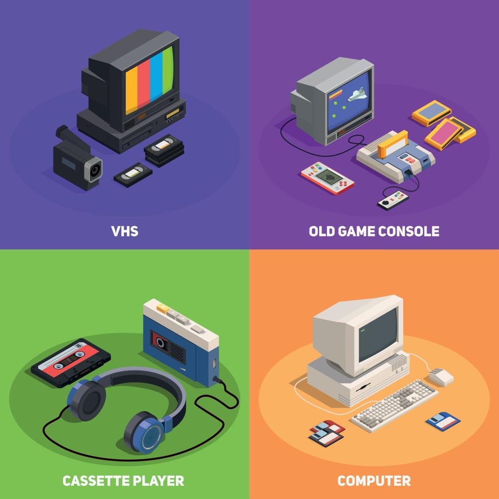 ilustração em vetor conceito isométrico 2x2 gadgets retro