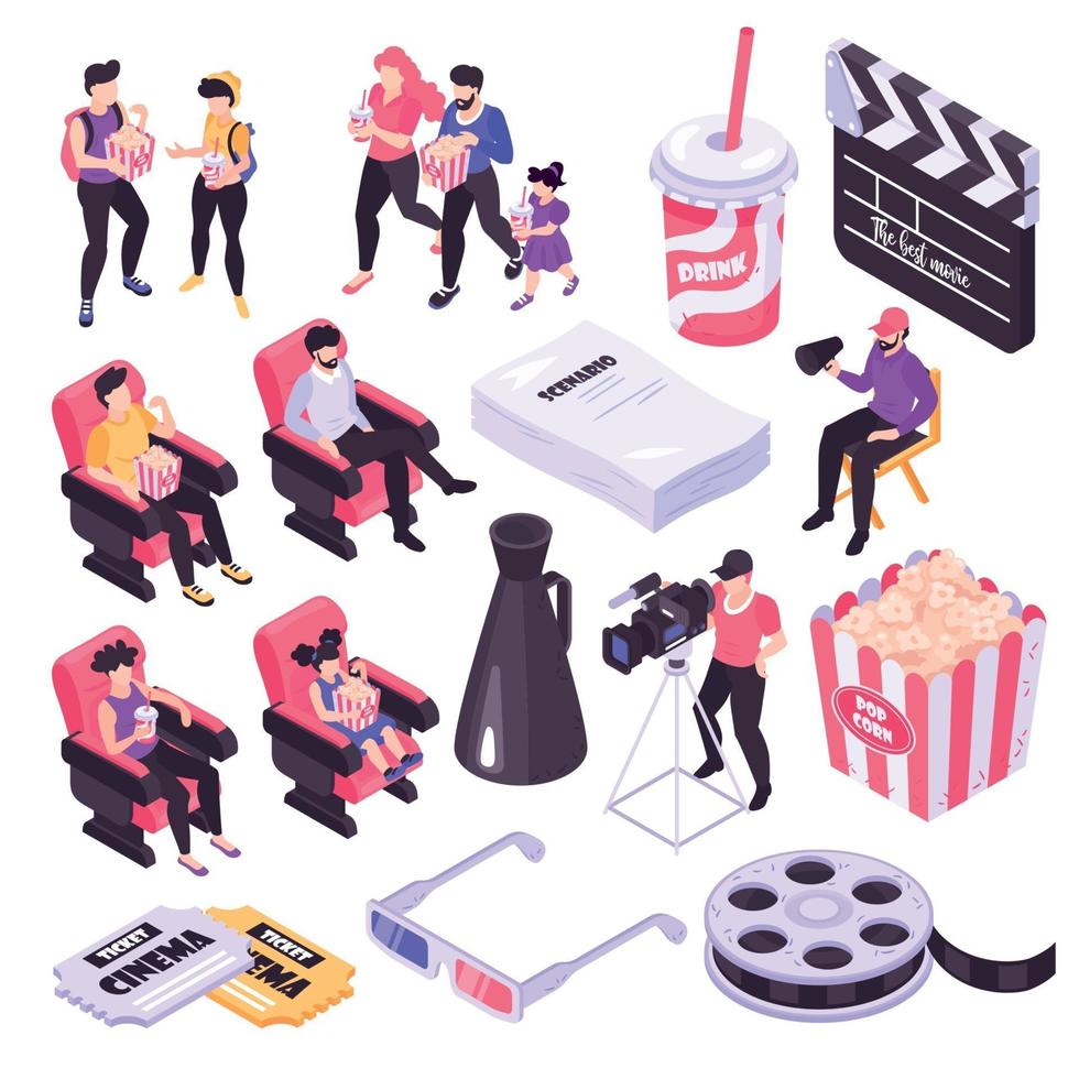 ilustração vetorial conjunto de cinema isométrico vetor