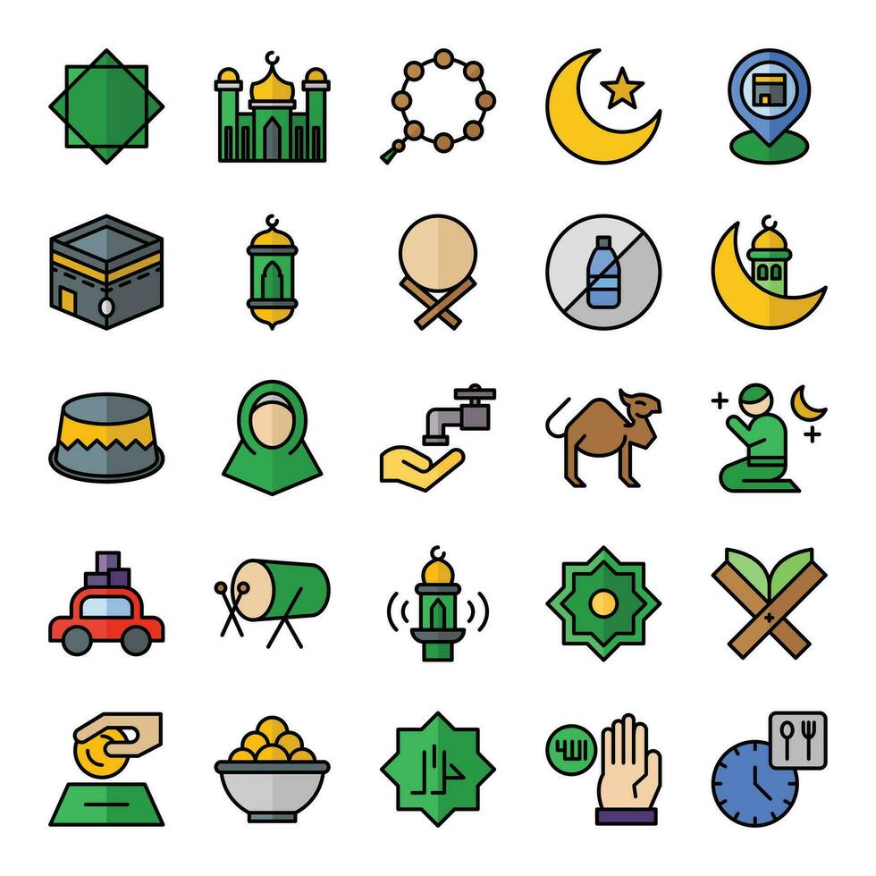 Ramadã ícones conjunto dentro preenchidas esboço estilo. a coleção inclui rede projeto, inscrição projeto, ui projeto, durante Ramadã, eid, e outros. vetor