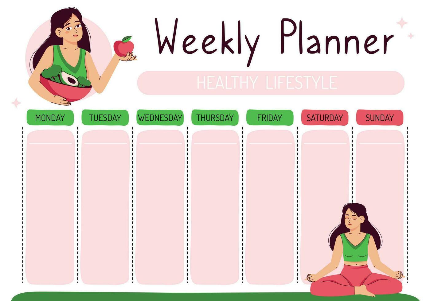 semanal planejador - saudável estilo de vida, apropriado nutrição, meditação. . planejamento para a semana dentro Rosa e verde tons. vetor ilustração