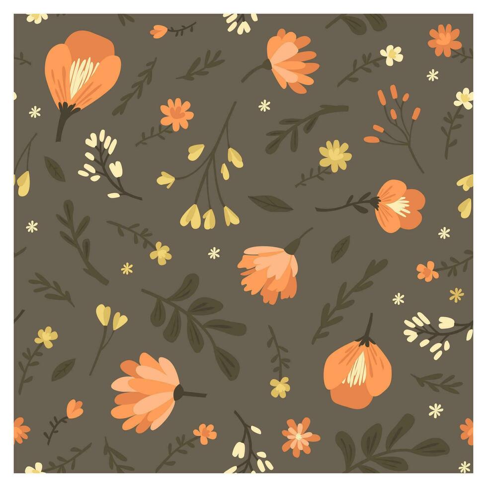 laranja sem costura padrão de flores e folhas do Prado. ilustração vetorial moderna. vetor