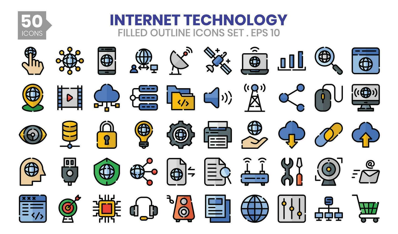 Internet tecnologia preenchidas esboço ícones definir. a coleção inclui o negócio e desenvolvimento, programação, rede projeto, aplicativo projeto, e mais. vetor