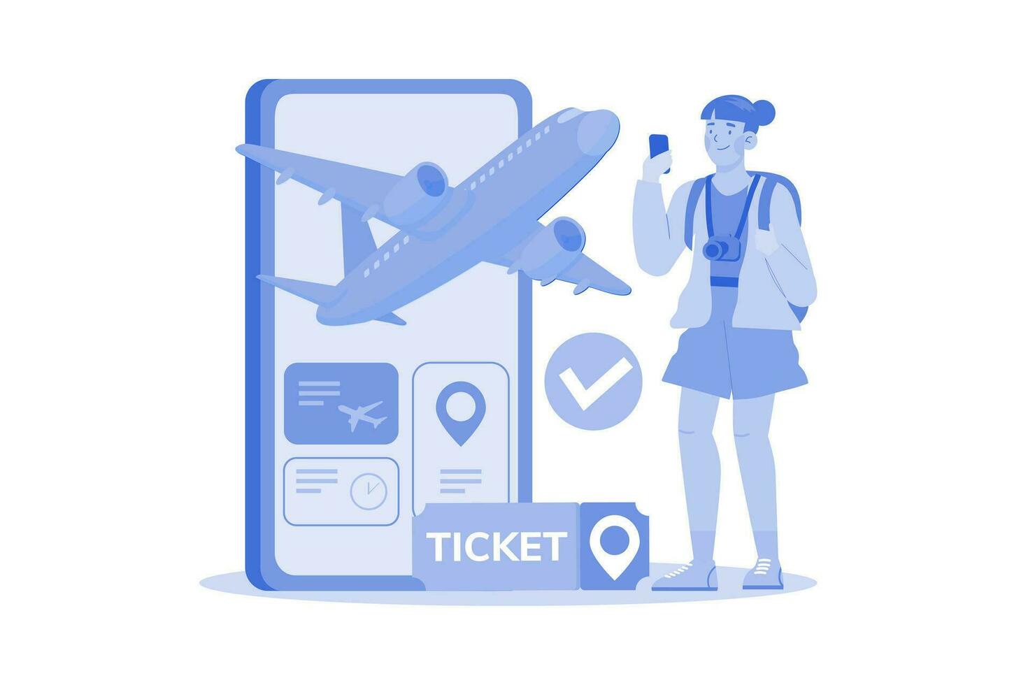 uma mulher compra avião bilhetes conectados para Salve  dinheiro vetor
